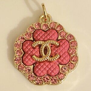 Pink Camellia Button Charm Rhinestone Flower Pendant Bag Charm